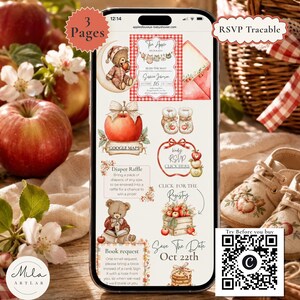 May include: A smartphone screen displaying a digital baby shower invitation set with a red gingham theme, featuring illustrations of teddy bears, apples, and baby booties, including text for a diaper raffle, book request, and RSVP link.