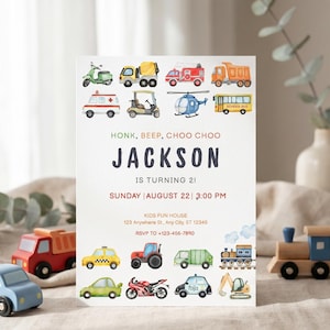 Honk beep choo choo birthday invitation with cars trains trucks, 2nd boy birthday invite, vehicle themed editable Canva template