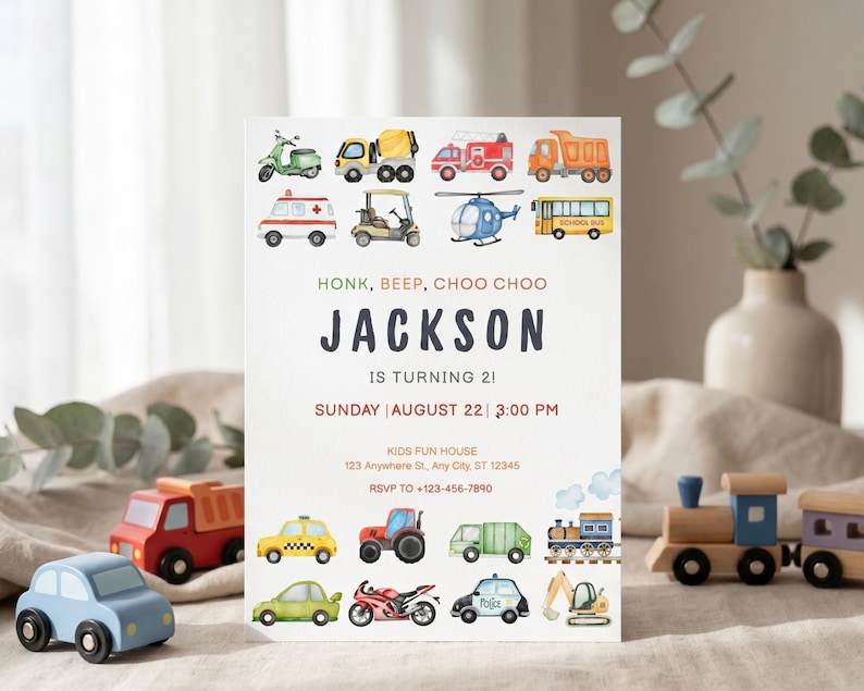 Honk beep choo choo birthday invitation with cars trains trucks, 2nd boy birthday invite, vehicle themed editable Canva template