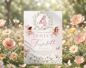 Enchanted Fairy Fourth Birthday Invitation, 4th Birthday Evite, Garden Party Template (Editable Canva)