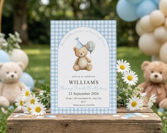 Beary First Birthday Boy Invitation, Teddy Bear Invite, Blue Balloon Theme, Canva Template
