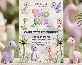 Two Rex Dinosaur 2nd Birthday Girl Invitation, Pink Dino Party Invite, Editable Canva Template (Digital Download)