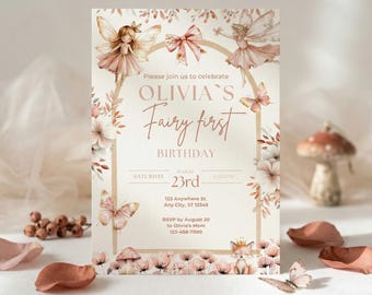 Fairy First Birthday Invitation, Enchanted Woodland Garden Party Template (Digital Download)