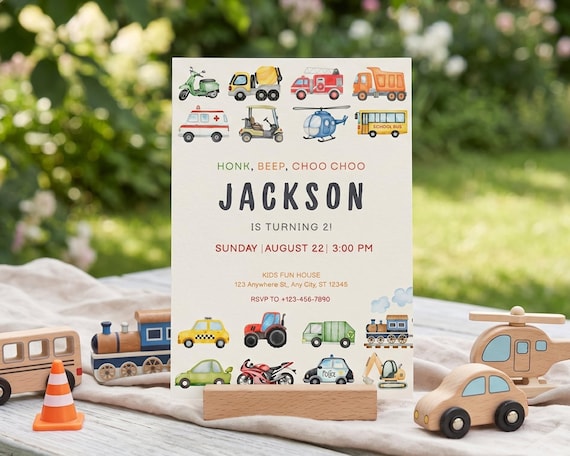 Transportation Birthday Invitation Honk, Beep, Choo Choo, Truck and Cars Birthday Invite, Boy Birthday Invitation, Editable Canva Template