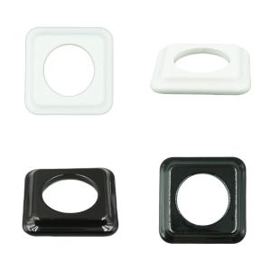 May include: Four square electrical outlet covers in white and black. Each cover has a circular opening in the center. The covers are shown from different angles, including a top-down view and a side view.