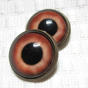 Peut inclure: Deux yeux ronds en verre brun avec des pupilles noires et un iris rouge-orange. Les yeux sont encadr&eacute;s d'un cadre en m&eacute;tal couleur laiton.