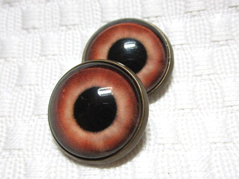 Peut inclure: Deux yeux ronds en verre brun avec des pupilles noires et un iris rouge-orange. Les yeux sont encadr&eacute;s d'un cadre en m&eacute;tal couleur laiton.