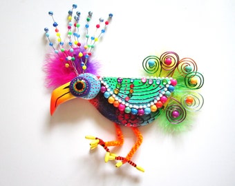 Whimsical bird wall art, painted bird carving, parrot art, wooden bird, whimsical art, animal sculpture