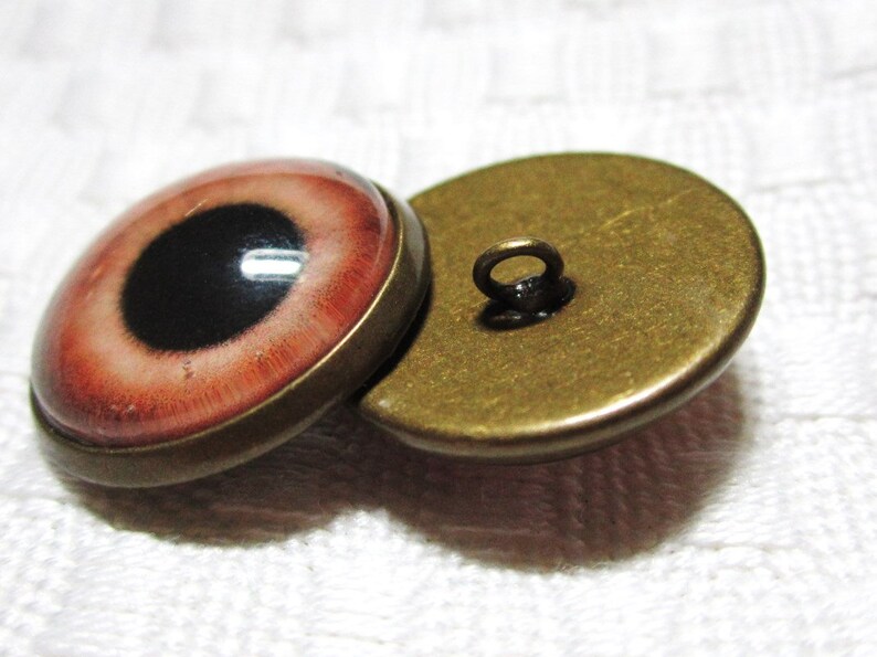 Peut inclure: Deux boutons ronds en bronze avec un motif d'&oelig;il rouge et noir. Le bouton de gauche a une pupille noire et un iris rouge. Le bouton de droite est le dos du bouton et a une boucle pour coudre.