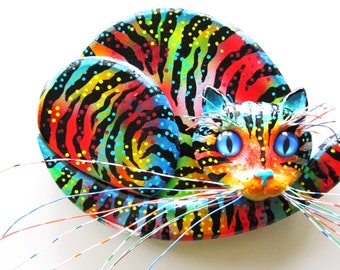 Cat art sculpture, colorful cat, crazy cat lady, whimsical wall art, colorful wall sculpture