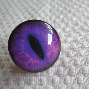 May include: A close-up of a purple and black glass eye ring. The ring is round and has a black pupil with a purple iris. The ring is on a white background.