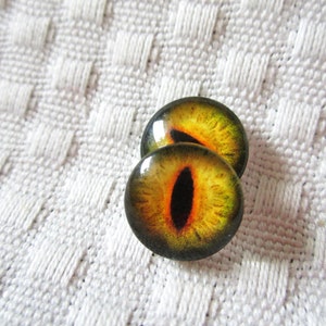 May include: Two round, yellow and green glass eyes with black pupils. The eyes are on a white textured surface.