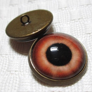 Peut inclure: Deux boutons ronds d&eacute;coratifs avec une finition bronze. Un bouton a un motif d'&oelig;il rouge et noir, tandis que l'autre bouton a une boucle sur le dessus.