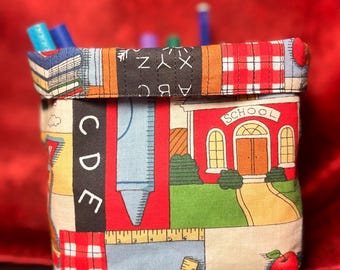 School-Themed Fabric Organizer Basket | Soft Pencil Holder | Teacher Desk Accessory | Handmade Storage Bin