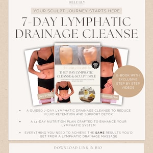 Pode incluir: Um anúncio para uma limpeza de drenagem linfática de 7 dias. A imagem apresenta um livro intitulado "The 7-Day Lymphatic Cleanse & Sculpt Bible" com fotos de antes e depois. O anúncio também destaca um e-book com vídeos exclusivos passo a passo.