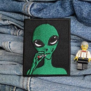 Alien Smoking. Possibly Marijuana Iron-On Patch, Paranormal Badge, Government Secrets, Sew-On Applique for Clothing Backpacks