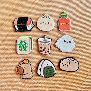 Kawaii Asian Food Embroidered Patches, Sushi, Dim Sum, Boba Tea, Onigiri Iron On Patch, Mahjong & Sriracha Sauce Badge, Capybara Applique