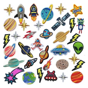Set of 30 Outer Space Embroidered Patch, Astronaut & Rocket Ship Iron on Patches, Planet Galaxy Badge for Kids Backpacks, Solar System Decor