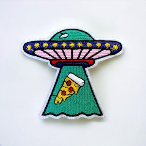 UFO Pizza Abduction Embroidered Iron-On Patch, Space Patch - Alien, Trippy - Wildflower + Co.