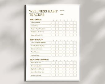 Habit Wellness Tracker Printable | Daily Self Care Routine Chart | Minimal Wellness Planner | JPG Download