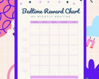 Kids Bedtime Routine Chart Printable for ages 3-8 | Sticker Checklist | Instant Download