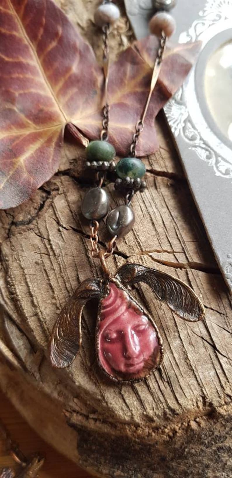 SALE Hand pottered and Glazed Goddess Tree Spirit Copper Electroformed Necklace with Black Peacock Pearl and Indian Agate Beads