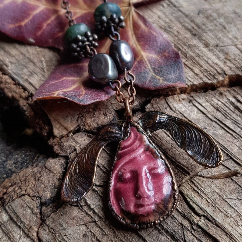 SALE Hand pottered and Glazed Goddess Tree Spirit Copper Electroformed Necklace with Black Peacock Pearl and Indian Agate Beads
