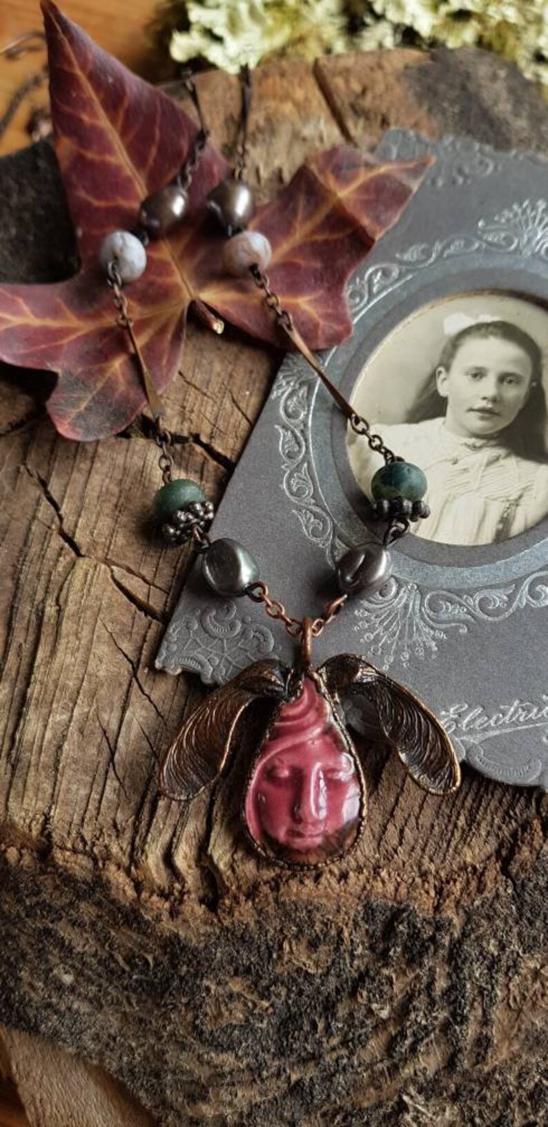 SALE Hand pottered and Glazed Goddess Tree Spirit Copper Electroformed Necklace with Black Peacock Pearl and Indian Agate Beads