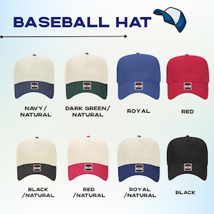 Peut inclure: Une collection de casquettes de baseball de diff&eacute;rentes couleurs, dont le bleu marine, le vert fonc&eacute;, le bleu roi et le rouge. Chaque casquette pr&eacute;sente une couronne de couleur naturelle et un bord de couleur contrastante. Le texte "BASEBALL HAT" est affich&eacute; en haut.