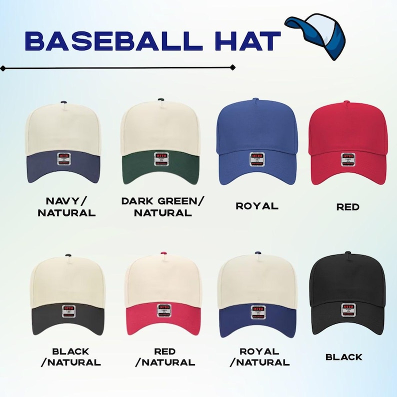 Peut inclure: Une collection de casquettes de baseball de diff&eacute;rentes couleurs, dont le bleu marine, le vert fonc&eacute;, le bleu roi et le rouge. Chaque casquette pr&eacute;sente une couronne de couleur naturelle et un bord de couleur contrastante. Le texte "BASEBALL HAT" est affich&eacute; en haut.