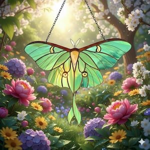 May include: A stained glass luna moth suncatcher, suspended by a chain. The moth features green wings with yellow accents and a brown body. The background is a vibrant garden with pink peonies, yellow daisies, and purple hydrangeas.
