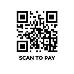 May include: A black and white QR code with the text "SCAN TO PAY" beneath it. The QR code is made up of black squares and rectangles in a complex pattern. The text is in a sans-serif font.