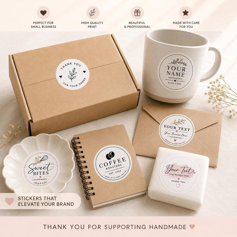 May include: A collection of round adhesive labels featuring various botanical and minimalist designs, applied to a cardboard box, a ceramic mug, a spiral notebook, a kraft paper envelope, a small scalloped dish, and a rectangular white box.