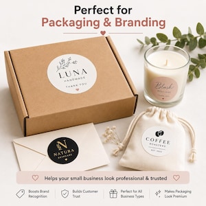 May include: A brown cardboard box with a circular white sticker labeled Luna Handmade, a white envelope with a black circular sticker labeled Natura Skincare, a glass candle with a pink sticker labeled Blush Boutique, and a drawstring pouch with a sticker.