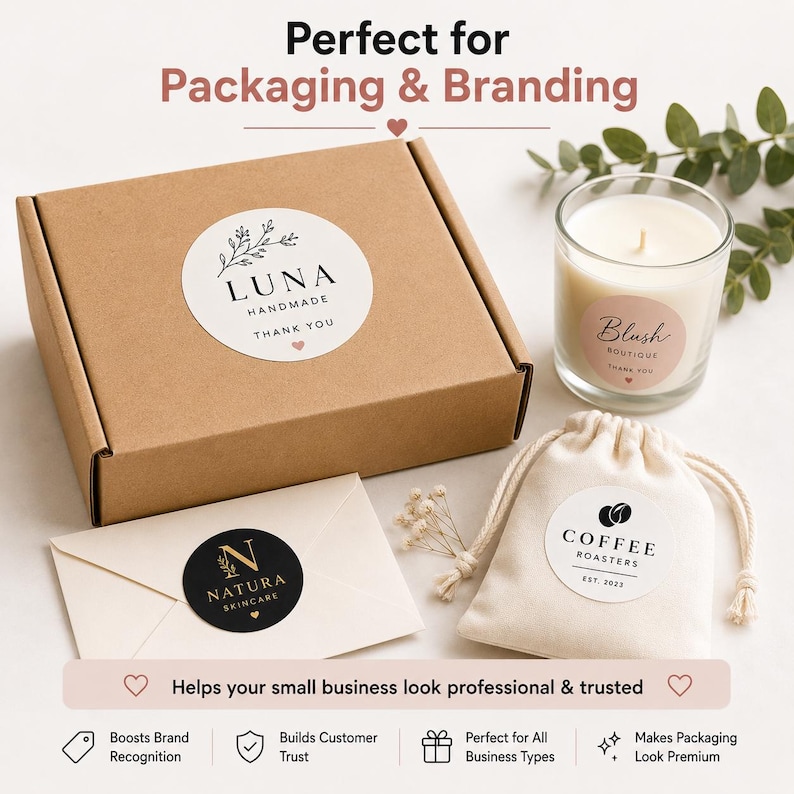 May include: A brown cardboard box with a circular white sticker labeled Luna Handmade, a white envelope with a black circular sticker labeled Natura Skincare, a glass candle with a pink sticker labeled Blush Boutique, and a drawstring pouch with a sticker.