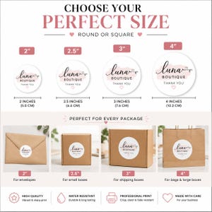 May include: A size guide for round stickers featuring the Luna Boutique logo with a pink watercolor accent. It displays four circular sticker sizes: 2 inches, 2.5 inches, 3 inches, and 4 inches, shown applied to brown envelopes, boxes, and bags.