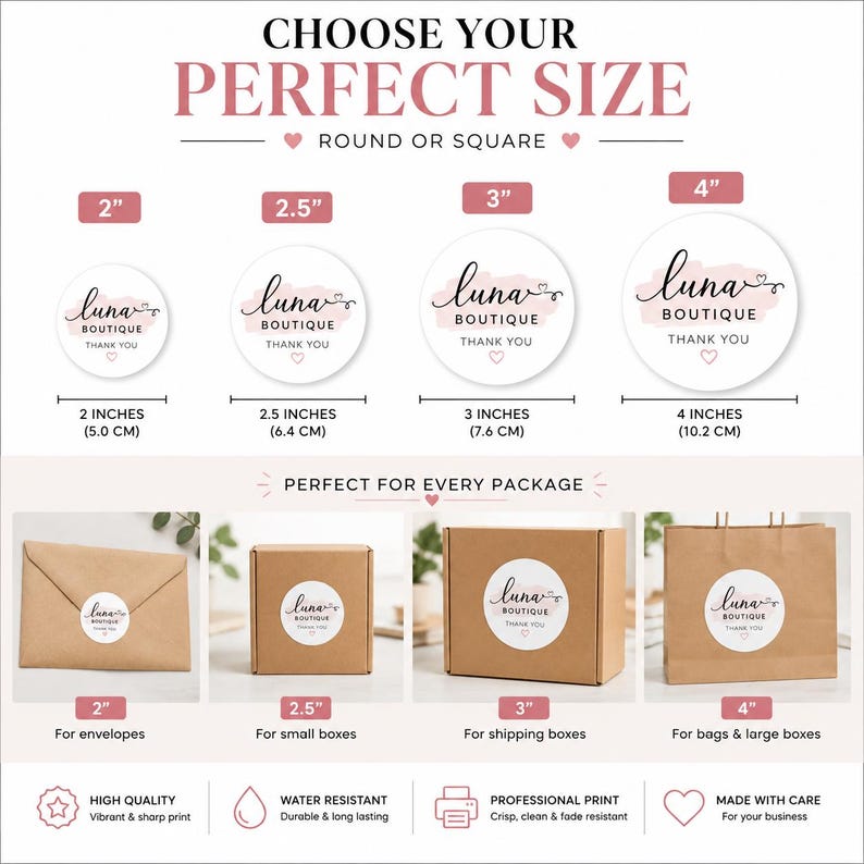 May include: A size guide for round stickers featuring the Luna Boutique logo with a pink watercolor accent. It displays four circular sticker sizes: 2 inches, 2.5 inches, 3 inches, and 4 inches, shown applied to brown envelopes, boxes, and bags.