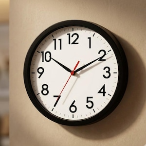 May include: A round wall clock with a black frame and a white face. The clock features black numerals, black hour and minute hands, and a red second hand. The clock is mounted on a beige wall.