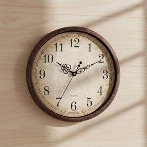 May include: Round wall clock with a brown wooden frame and a cream-colored face. The clock features black Roman numerals and ornate black hands. The word "QUARTZ" is printed at the bottom. A decorative home decor item.
