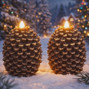 May include: Two decorative pine cone-shaped candles with flickering LED lights. The candles are brown with gold accents and sit in the snow. The background features a snowy forest with soft bokeh lights, creating a festive winter scene.