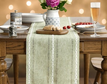 Sage Green Embroidered Table Runner | Cotton Linen Dining Decor