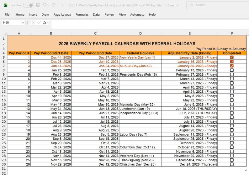 2026 Payroll Calendar Template, Weekly, Bi-weekly, Semi-monthly, and