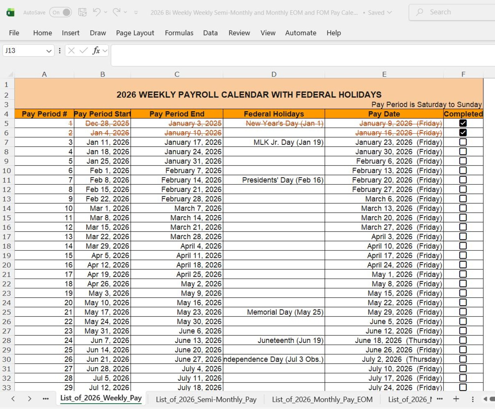 2026 Payroll Calendar Template, Weekly, Bi-weekly, Semi-monthly, and