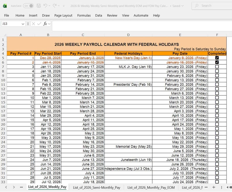2026 Payroll Calendar Template, Weekly, Bi-weekly, Semi-monthly, and