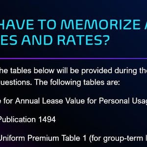 May include: A digital graphic with the question "DO I HAVE TO MEMORIZE ALL TABLES AND RATES?" in white text. Below, bullet points list tables provided during the exam, including "Table for Annual Lease Value" and "IRS Publication 1494."