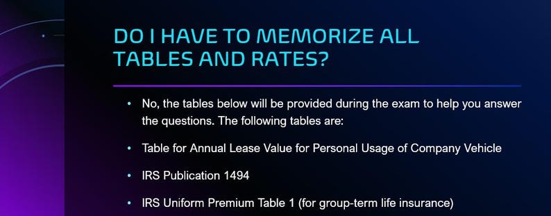 May include: A digital graphic with the question "DO I HAVE TO MEMORIZE ALL TABLES AND RATES?" in white text. Below, bullet points list tables provided during the exam, including "Table for Annual Lease Value" and "IRS Publication 1494."
