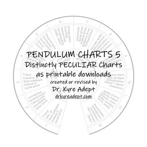 May include: A white and black printable pendulum chart titled "PENDULUM CHARTS 5 Distinctly PECULIAR Charts." The chart is circular with numbered sections and text labels. The text "as printable downloads" is also visible.