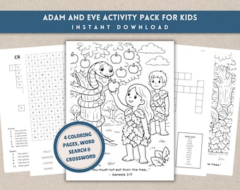 Paquete de actividades de Adán y Eva: Páginas para colorear, sopa de letras, crucigrama (PDF)