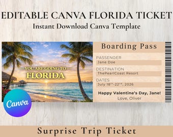 Plantilla de tarjeta de embarque editable: regalo sorpresa para un viaje a Florida (descarga instantánea en Canva)