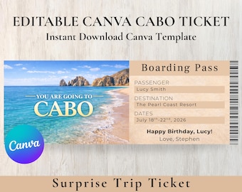 Plantilla editable de boleto de viaje a Cabo / Boleto de viaje sorpresa de Canva / Descarga digital instantánea